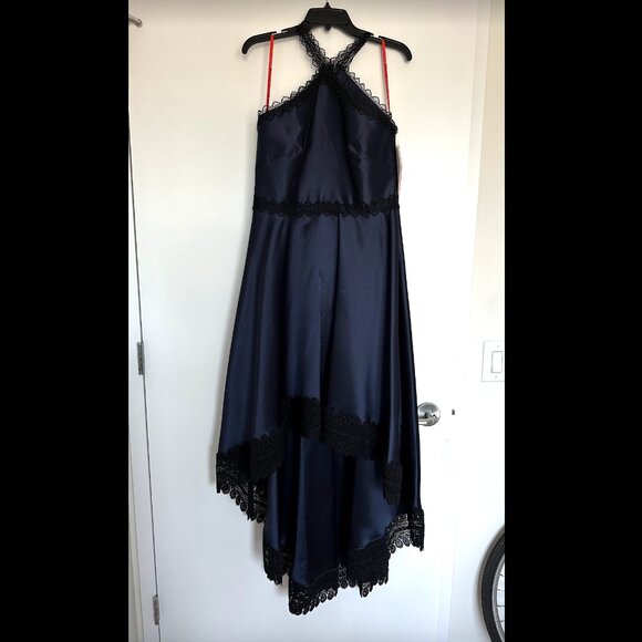 Monique Lhuillier High Low Navy Mikado Dress NWT Size 12 - Picture 2 of 4